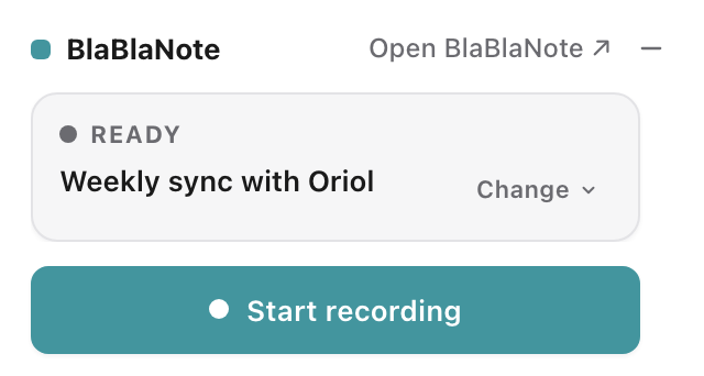 The recorder ready, with the calendar meeting detected and the Change button