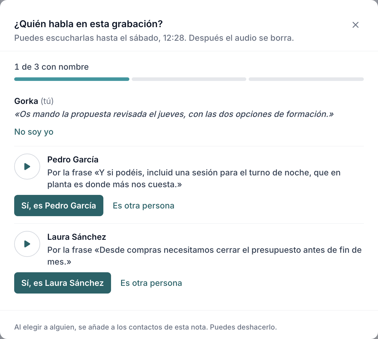 The Who is speaking window, with one row per voice and a suggestion from the AI